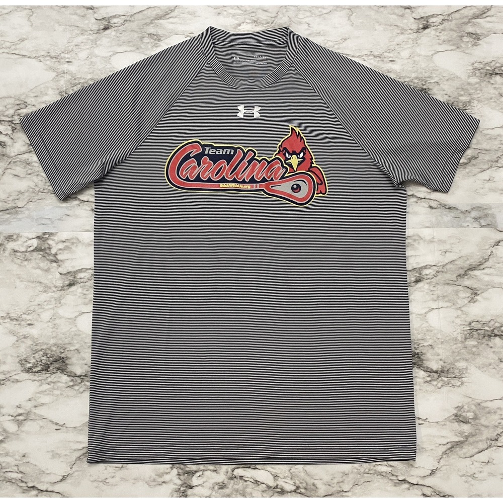 Under Armour Mens T Shirt Sz SM Gray White Striped Short Sleeve Loose Heatgear